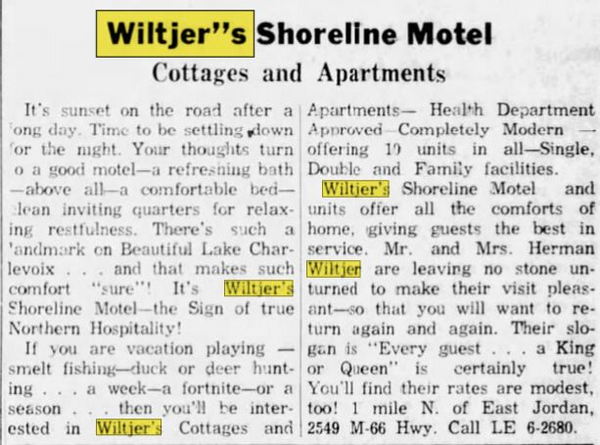Wiltjers Shoreline Motel - Aug 1962 Ad
